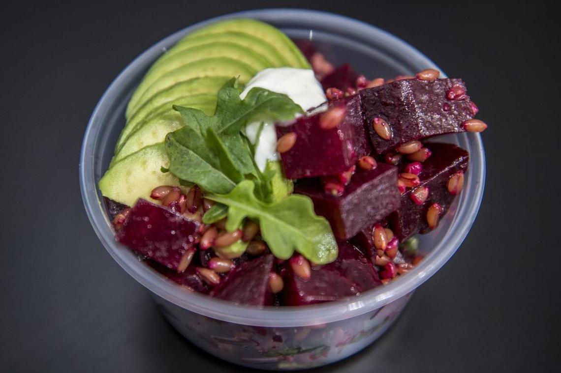 Beet & Farro Salad contains marinated beets, avocado, farro, arugula, lemon creme Fraiche at Recess Cafe on Tuesday July 3, 2018 in Sacramento.