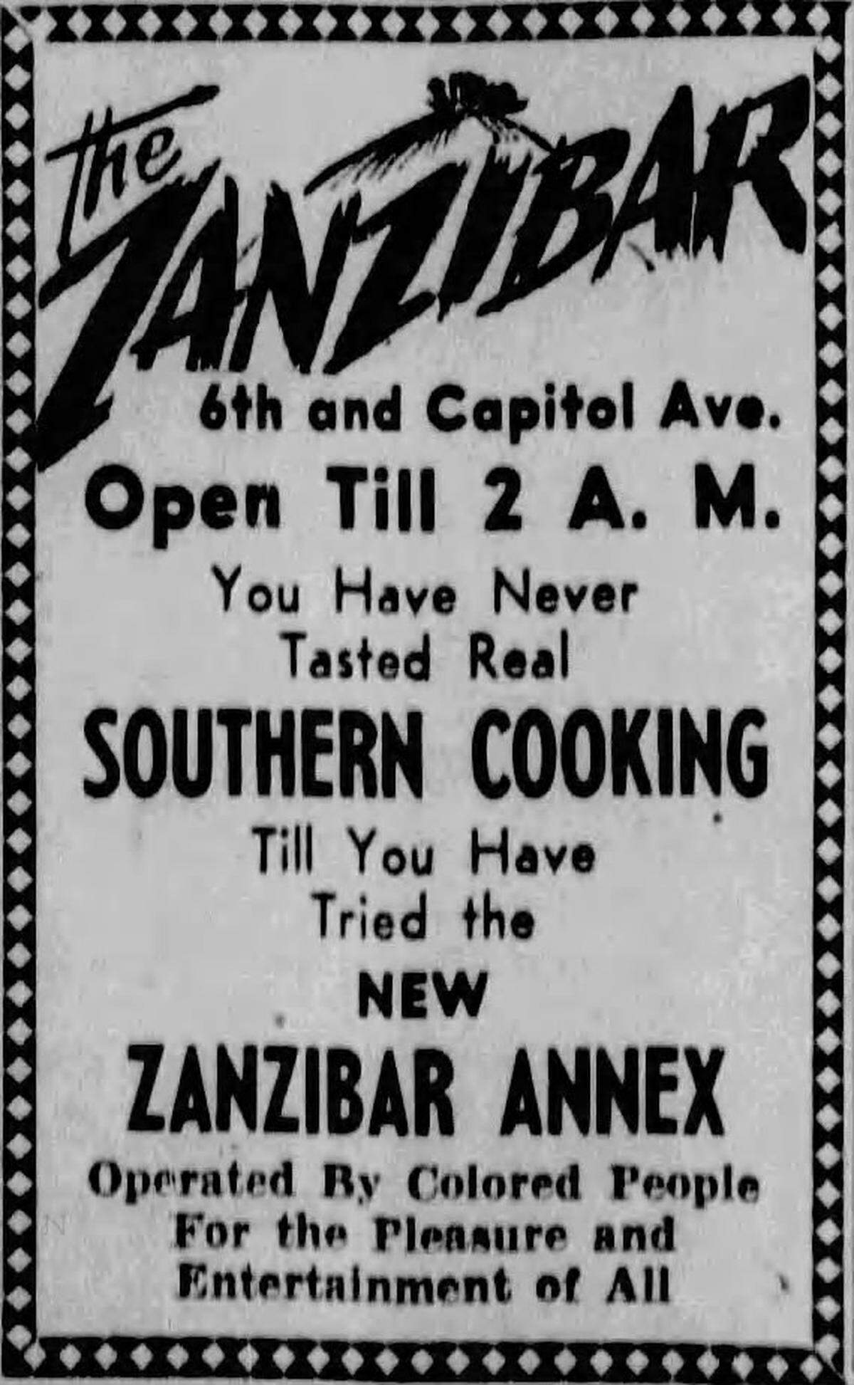 A classified ad in The Bee on September 1, 1944 advertises The Zanzibar’s southern cuisine and late-night hours.