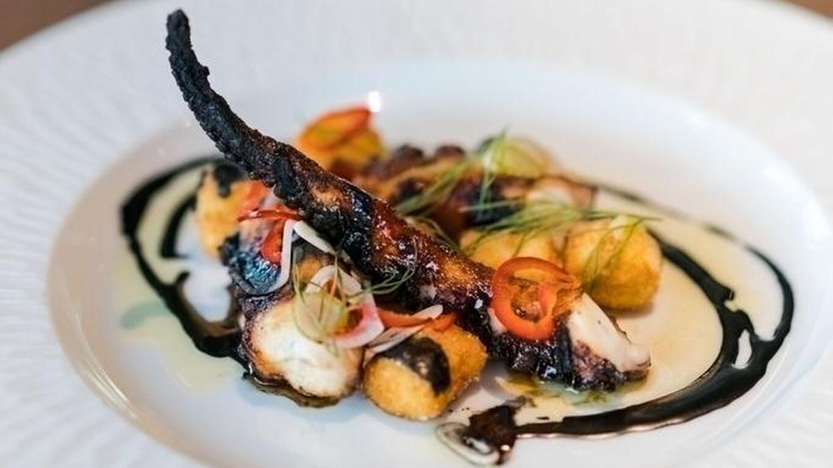 Octopus with balsamic, fennel, ink and gnocchi.