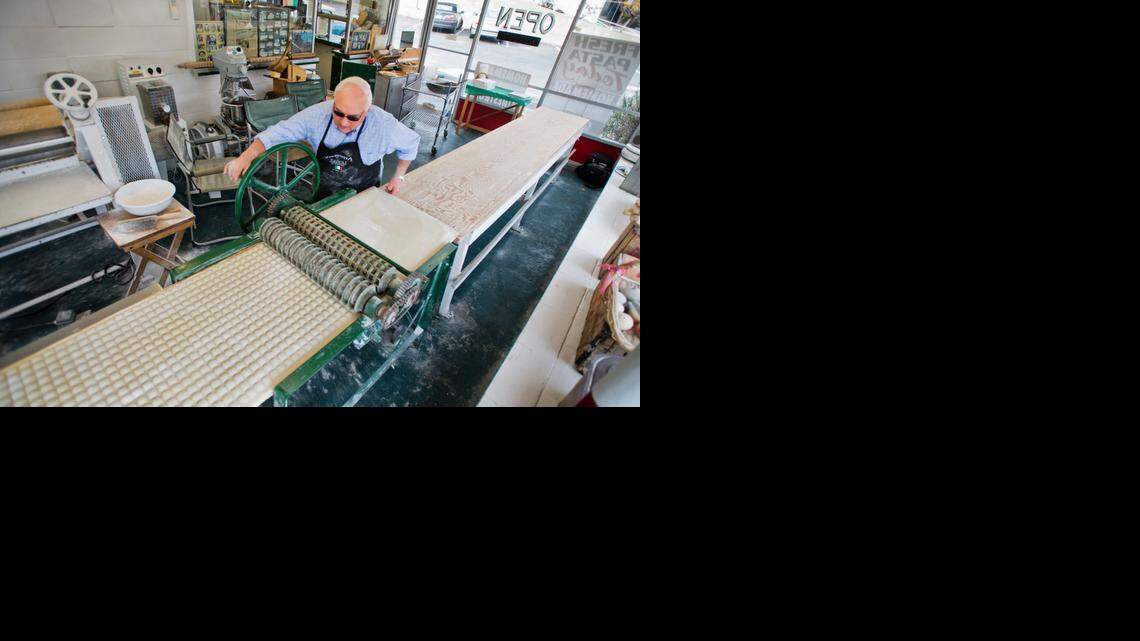 
Jim Vinciguerra makes ravioli the old-fashioned way with a vintage ravioli press at Vinciguerra Ravioli Co. in Jackson earlier this month. 
