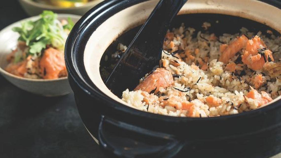 Salmon and hijiki rice is one of the clay pot recipes in “Donabe” by Naoko Takei Moore and Kyle Connaughton.