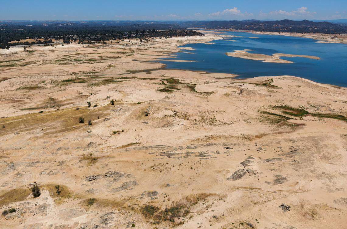 A vast portion of the lake bottom is visible on July 10, 2021, at Folsom Lake as drought conditions persistent across California.