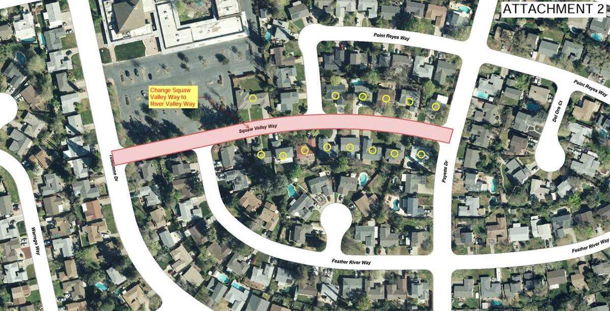A map of River Valley Way in Rancho Cordova. The street, originally named after a Native American slur, will be renamed after the Sacramento County Board of Supervisors passed a resolution on Tuesday.