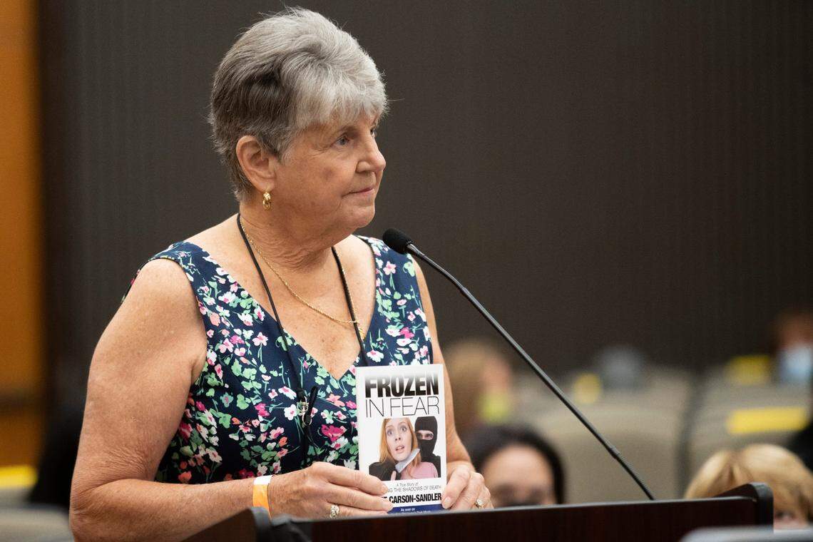 Jane Carson-Sandler confronts Joseph James DeAngelo during the second day of victim impact statements at the Gordon D. Schaber Sacramento County Courthouse on Wednesday, Aug. 19, 2020, in Sacramento, Calif. Victims of California serial killer and rapist, DeAngelo want him in a maximum security prison far, far away if he can’t spend the rest of his life on death row. But they may not hold much sway over where or how the 74-year-old former police officer is imprisoned once he is sentenced on Friday, Aug. 21.