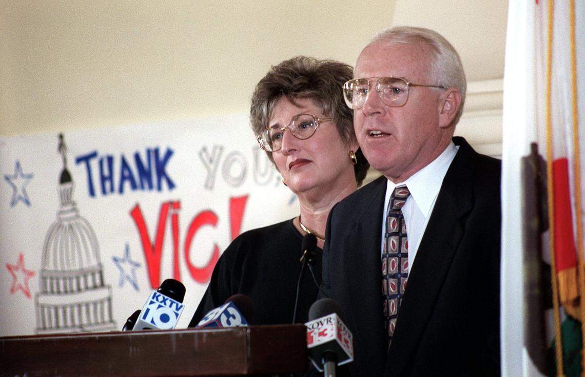 Rep. Vic Fazio, joined by his wife Judy, announces to a gathering of friends and supporters in the Woodland Hotel in 1997 that he will not seek reelection to the House of Representatives next term, following a 10-term career in Congress.