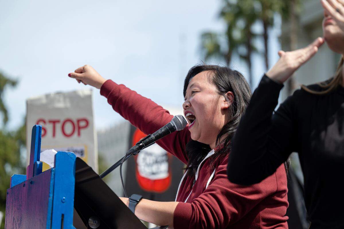 Sacramento City Councilmember Mai Vang speaks during the 50501 protest against the Trump administration at the state Capitol on Saturday, April 4, 2025.