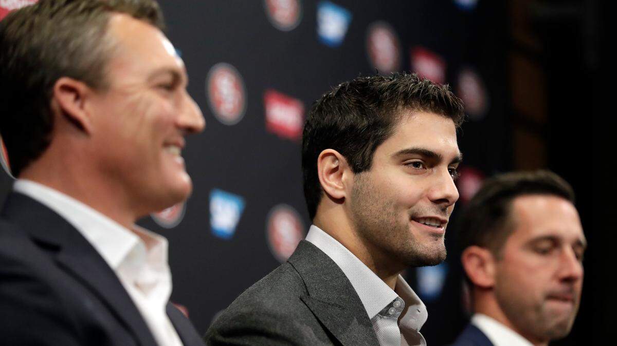 The 49ers will begin their third season under general manager John Lynch, left, and coach Kyle Shanahan. How well the team fares in 2019 could depend on how quarterback Jimmy Garoppolo plays.