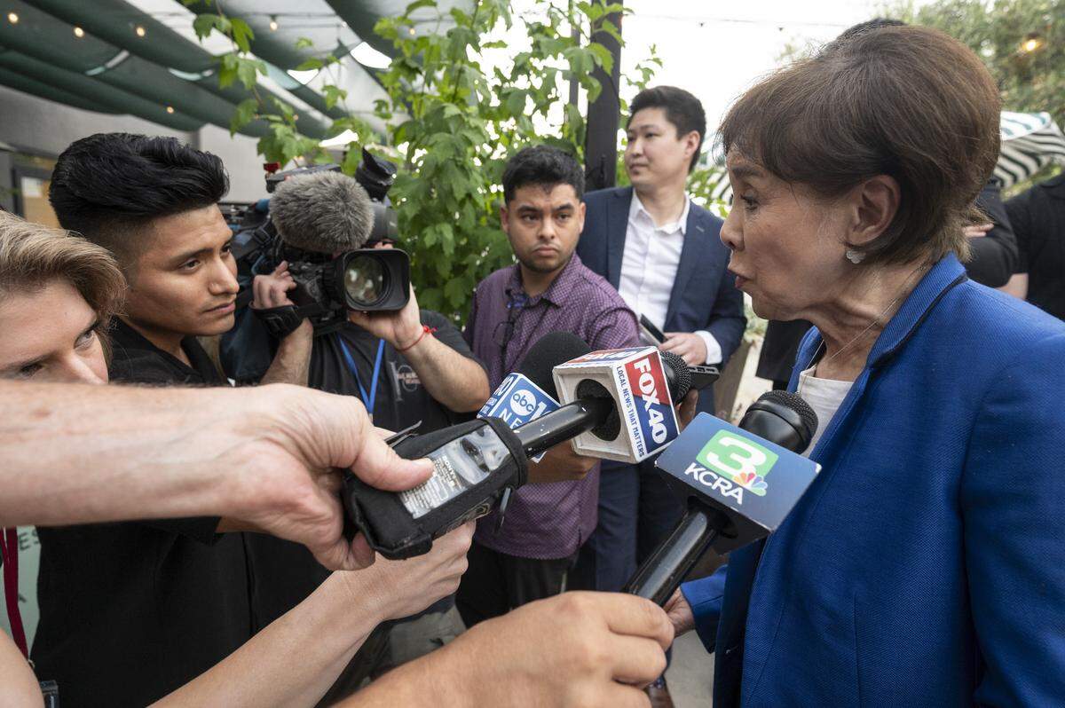 U.S. Rep. Doris Matsui speaks to the press at Sellands on Broadway in Sacramento on primary election night on Tuesday, June 2, 2026.