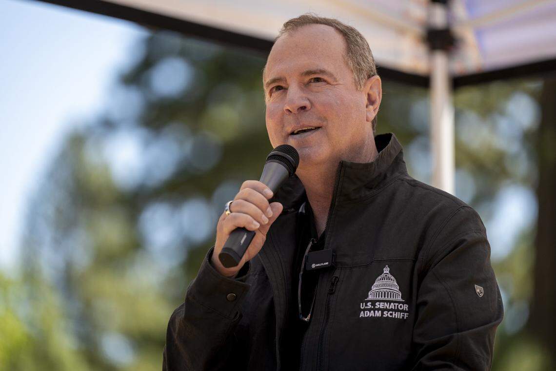 Sen. Adam Schiff delivers remarks at the Dianne Feinstein West Shore Tahoe Trail Dedication ceremony in Tahoe City on Thursday, Aug. 7, 2025.