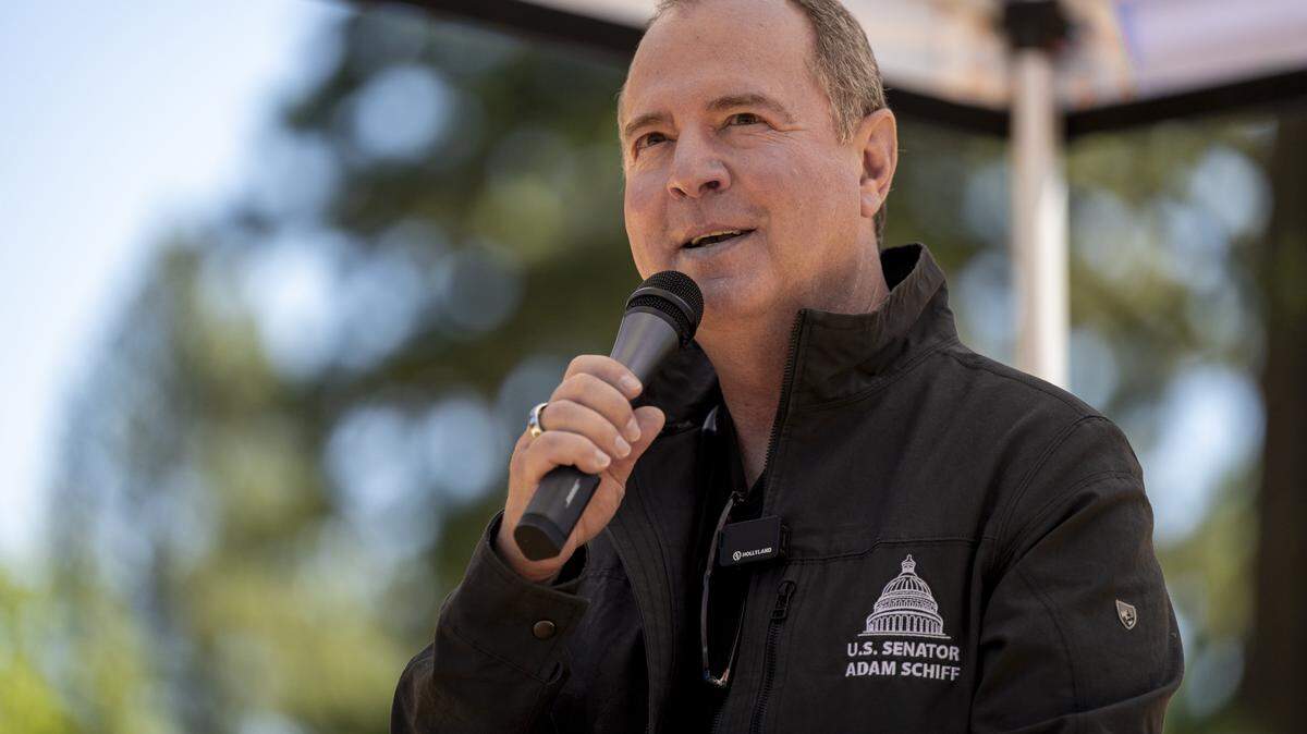 Sen. Adam Schiff, D-Calif., delivers remarks at the Dianne Feinstein West Shore Tahoe Trail Dedication ceremony in Tahoe City on Thursday, Aug. 7, 2025.