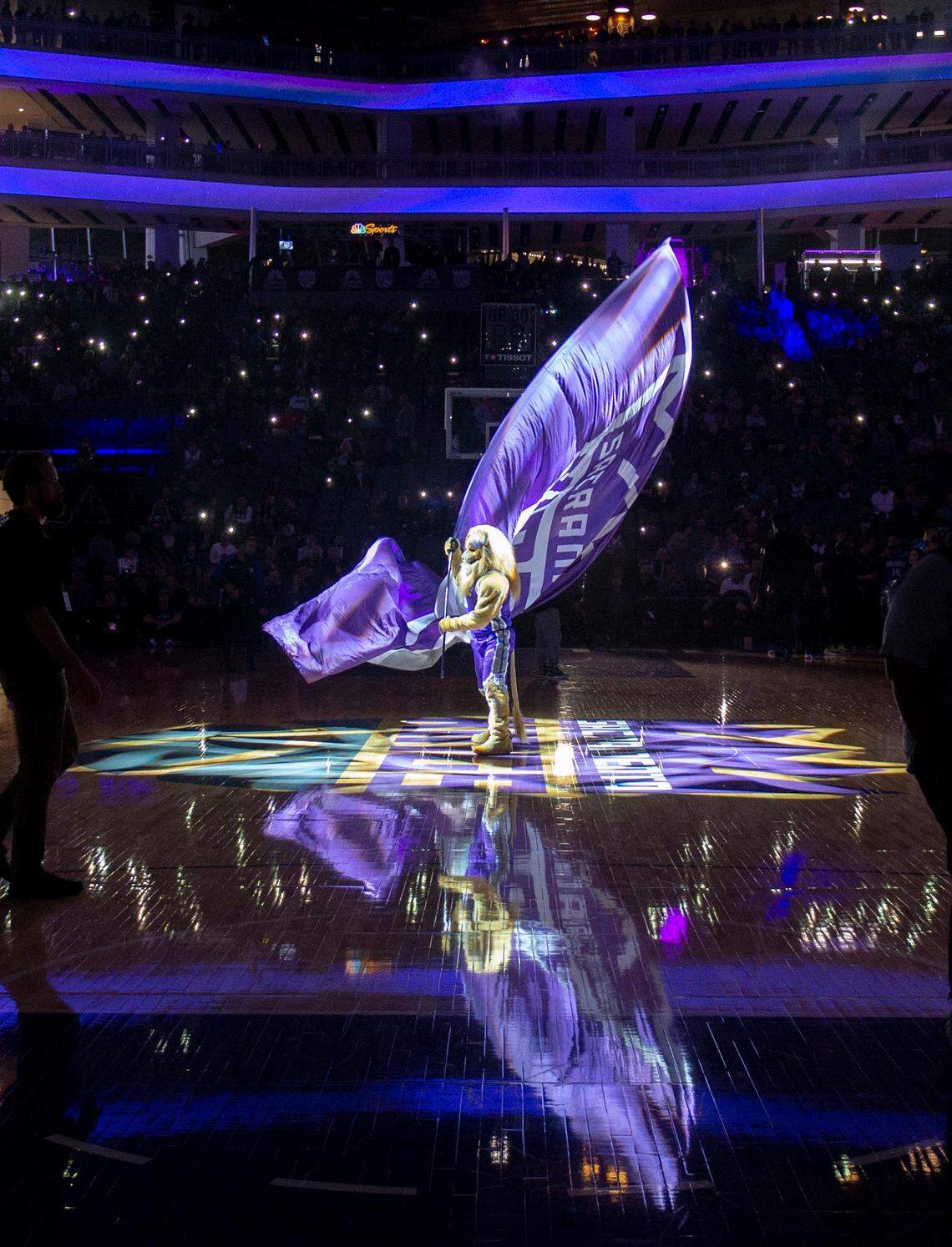 Sacramento Kings mascot Slamson waves the team’s flag before the start of a game against the Orlando Magic in January.