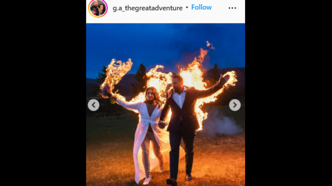 A Utah couple left their wedding with a stunt and set themselves on fire.