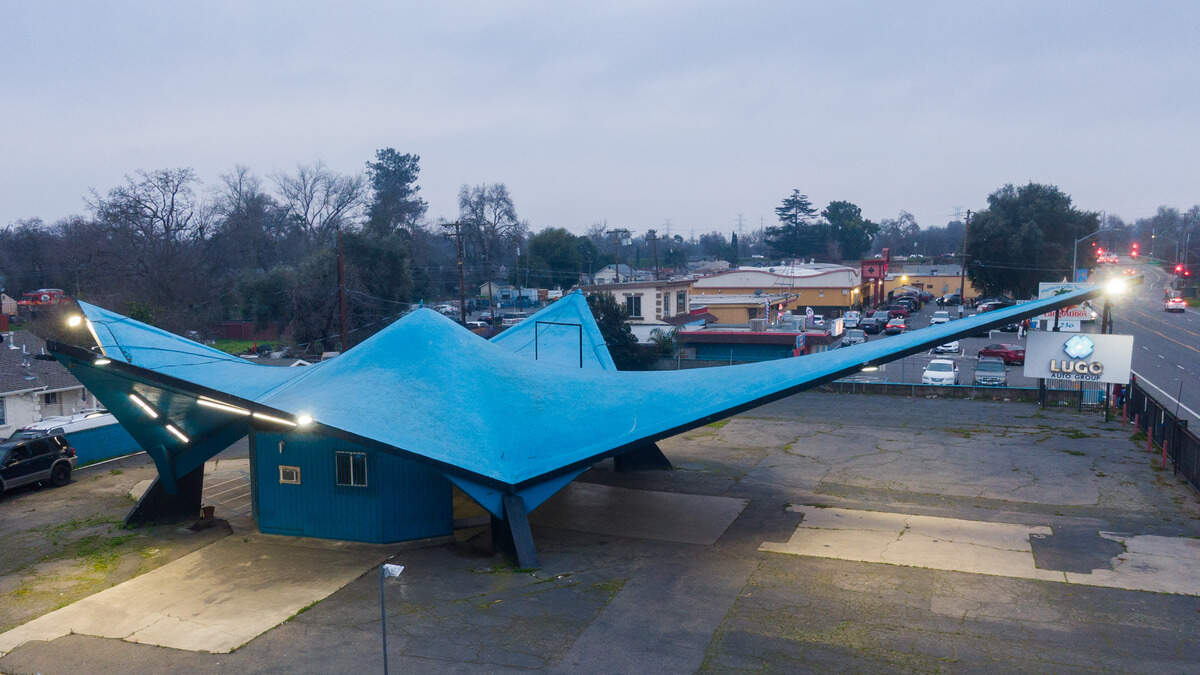 A former Orbitz gas station, designed in the midcentury Googie style, stands on Northgate Boulevard in Sacramento on Wednesday, the day the city’s Preservation Commission was considering recommending its inclusion on the local historic register.
