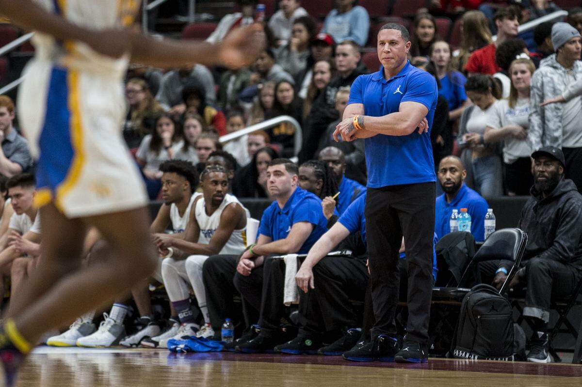 Shadow Mountain head coach Mike Bibby watches the 4A boys basketball championship against Deer Valley in 2019.