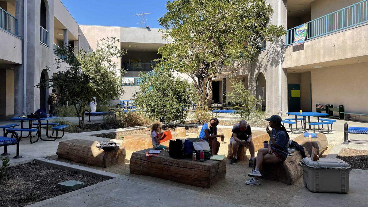 A shaded courtyard at Esperanza Elementary School in Los Angeles provides a way for students to spend time outside while escaping the heat.