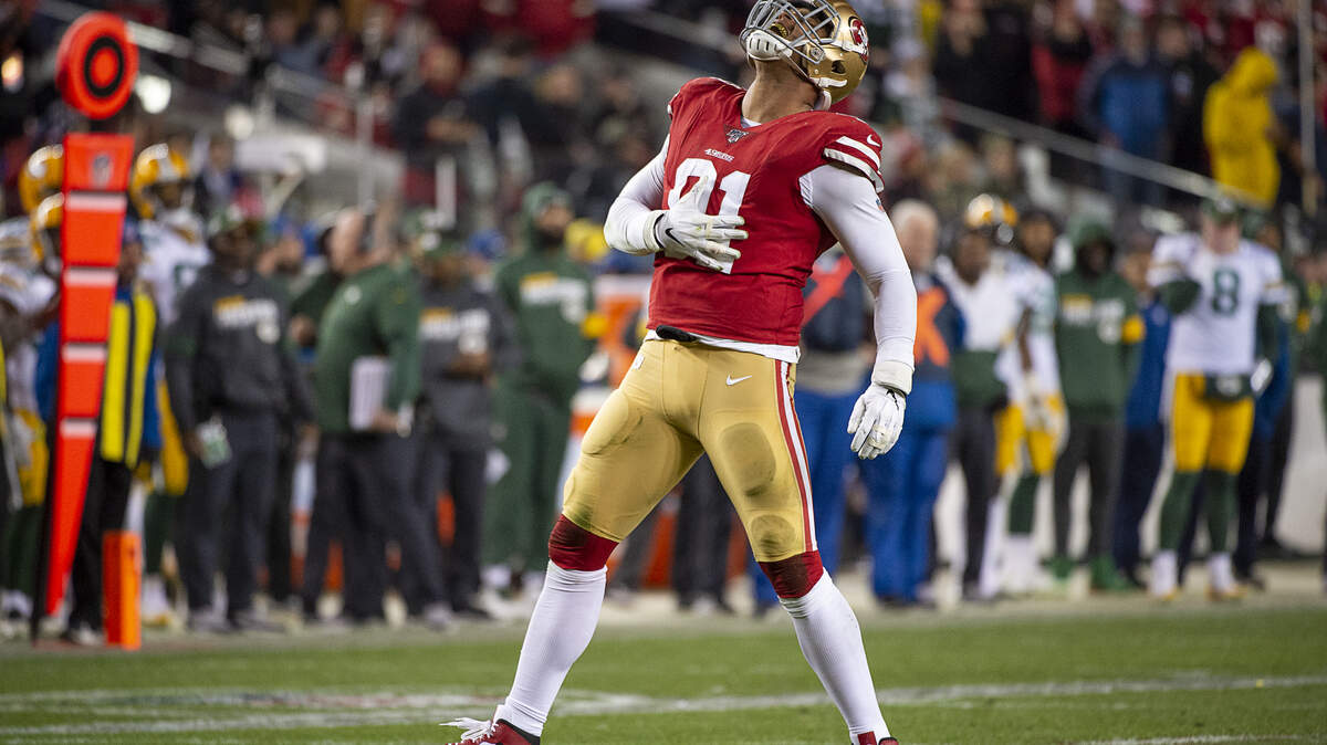 San Francisco 49ers defensive end Arik Armstead (91) celebrates sacking Green Bay Packers quarterback Aaron Rodgers (12) in the fourth quarter during the NFC Championship game at the Levi’s Stadium on Sunday, Jan 19, 2020 in Santa Clara.