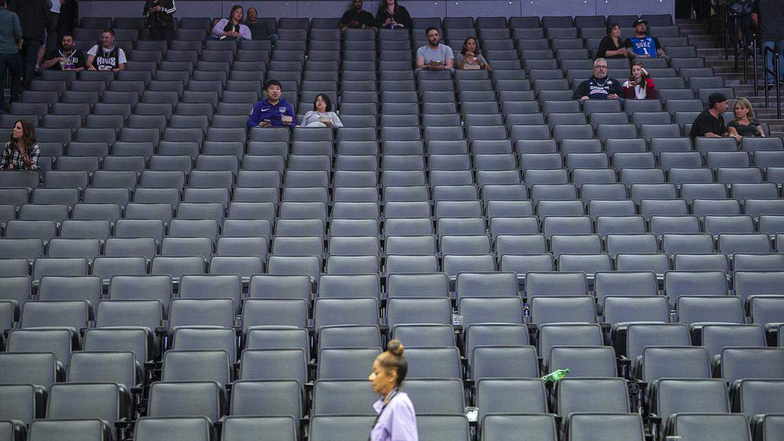 Sacramento Kings fans sits in the stands at the Golden 1 Center on Wednesday, March 11, 2020 in Sacramento after the NBA suspends season after Jazz’s Rudy Gobert tests positive for coronavirus.
