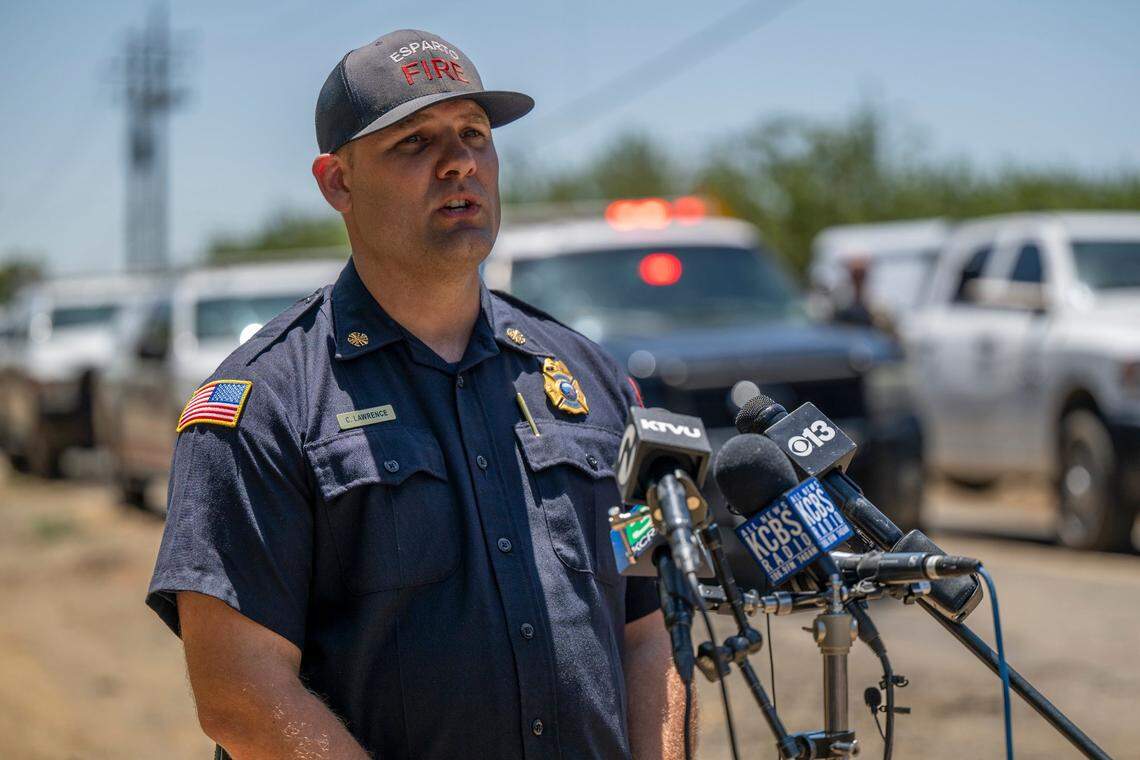 Esparto Fire Chief Curtis Lawrence speaks Wednesday, July 2, 2025, at a news conference about an explosion at a pyrotechnics facility in Esparto the previous night.