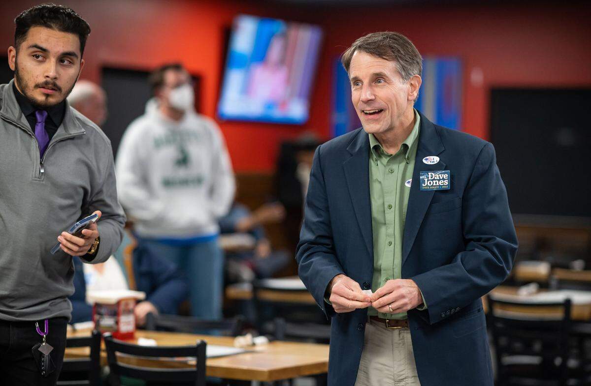 Dave Jones gathers with his state Senate campaign supporters and staff at Rock & Brews at Cal Expo in Sacramento on Election Day late Tuesday, Nov. 8, 2022, to await the results of his race. Sacramento City Councilwoman Angelique Ashby ran against Jones for the District 8 seat.