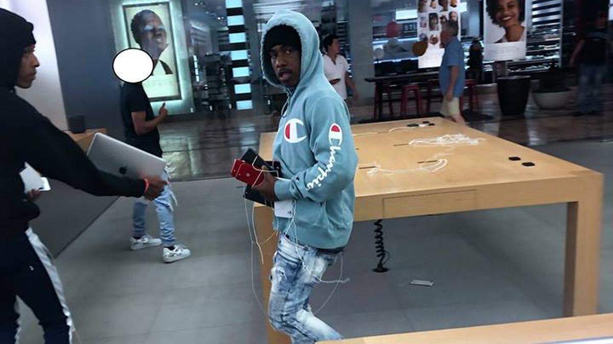 Four men stole more than $20,000 worth of products from the Apple store in the Westfield Galleria in Roseville on Tuesday night, police said.