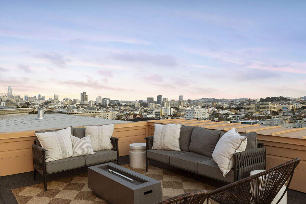 A private rooftop terrace showcasing sweeping San Francisco views.