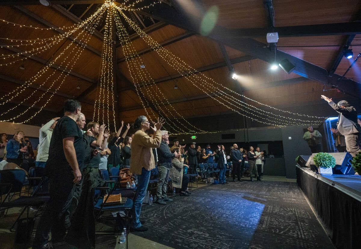 The congregation at Elevate Life Church in Sacramento cheers for Eduardo Cardenas Jr. of Loud n Clear Ministry on Sunday, Jan. 14, 2024.