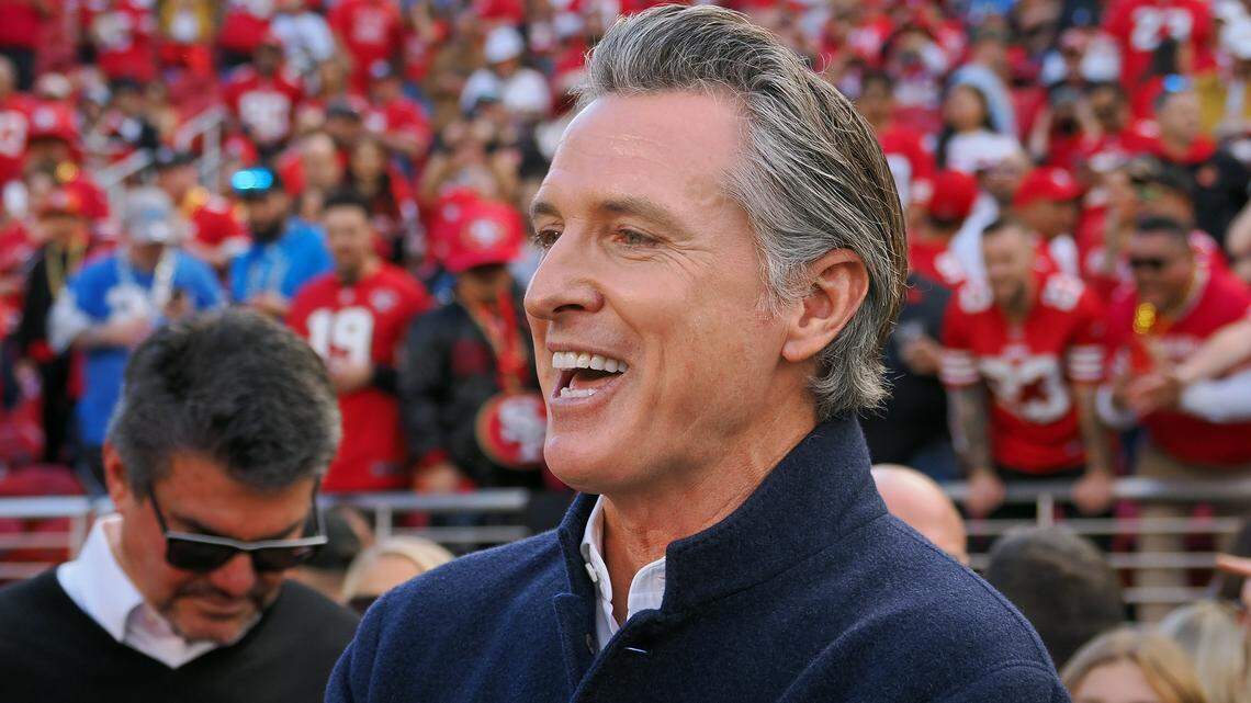California Gov. Gavin Newsom attends the NFC Championship football game between the San Francisco 49ers and the Detroit Lions at Levi's Stadium on Jan. 28, 2024.