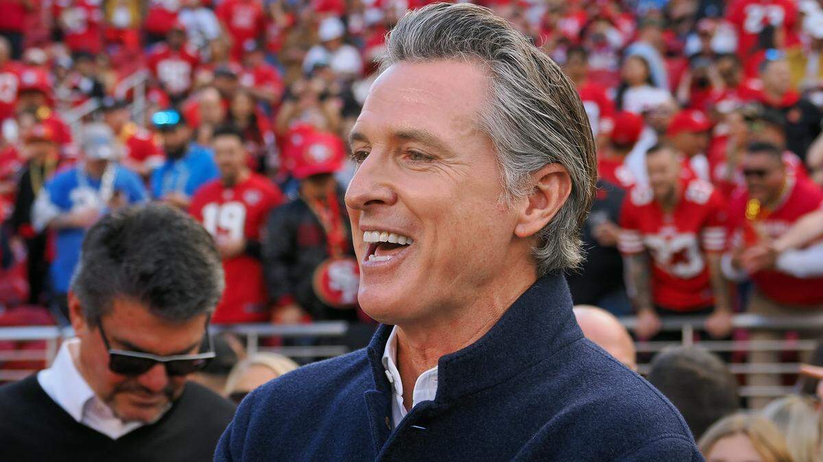 California Gov. Gavin Newsom attends the NFC Championship football game between the San Francisco 49ers and the Detroit Lions at Levi's Stadium in 2024.