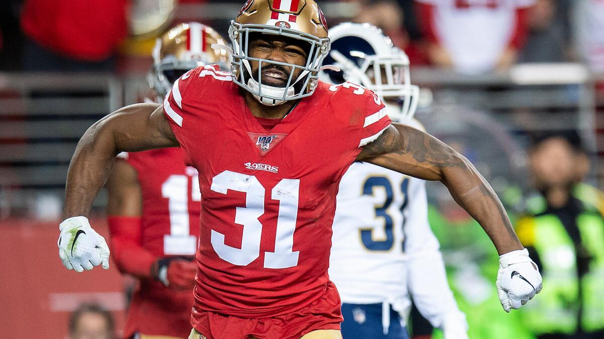 San Francisco 49ers running back Raheem Mostert (31) reacts after scoring touchdown in the second quarter during a game at Levi’s Stadium on Saturday, December 21, 2019 in Santa Clara, Calif.