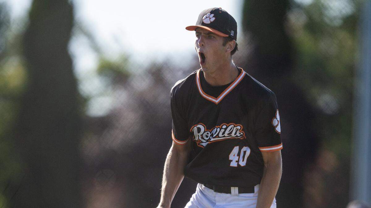 The Roseville Tigers pitcher Ethan Gustus (40) reacts after striking out the Wheatland Pirates’ Jordan James (23) to end the fifth inning in the CIF NorCal Division lll baseball semifinal on Thursday, June 4, 2026, in Roseville.