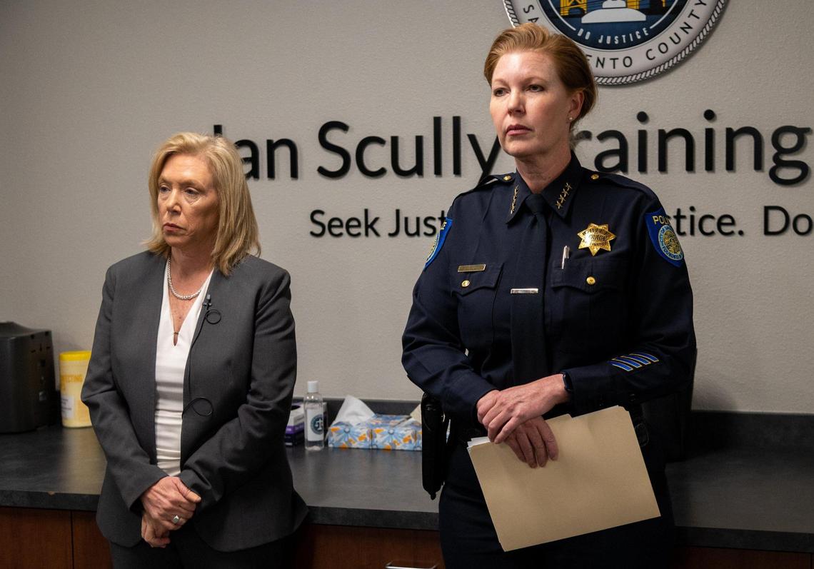 Sacramento County District Attorney Anne Marie Schubert and Sacramento Police Department Chief Katherine Lester announce Tuesday at the District Attorney’s Office in Sacramento, that murder charges have been filed against Smiley Martin, Dandrae Martin and Mtula Payton for the April 3 gang shooting in downtown Sacramento.