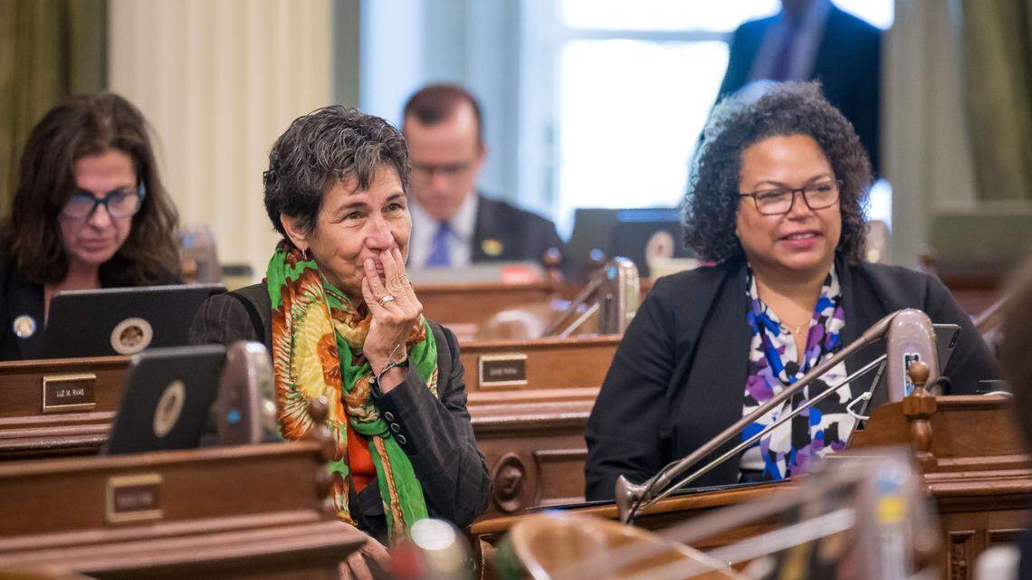 State Sen. Susan Talamantes Eggman, D-Stockton, left, listens as her Senate Bill 326 passes on the Assembly floor Tuesday, Sept. 12, 2023, at the state Capitol in Sacramento. Assemblywoman Mia Bonta, D-Oakland, sits at right.