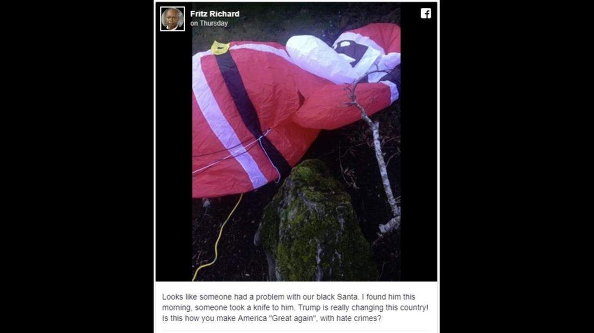 Vandals slashed an inflatable black Santa Claus in a Bethany, Oregon, family’s yard, but neighbors say they’ll put up their own black Santas in solidarity with the family.