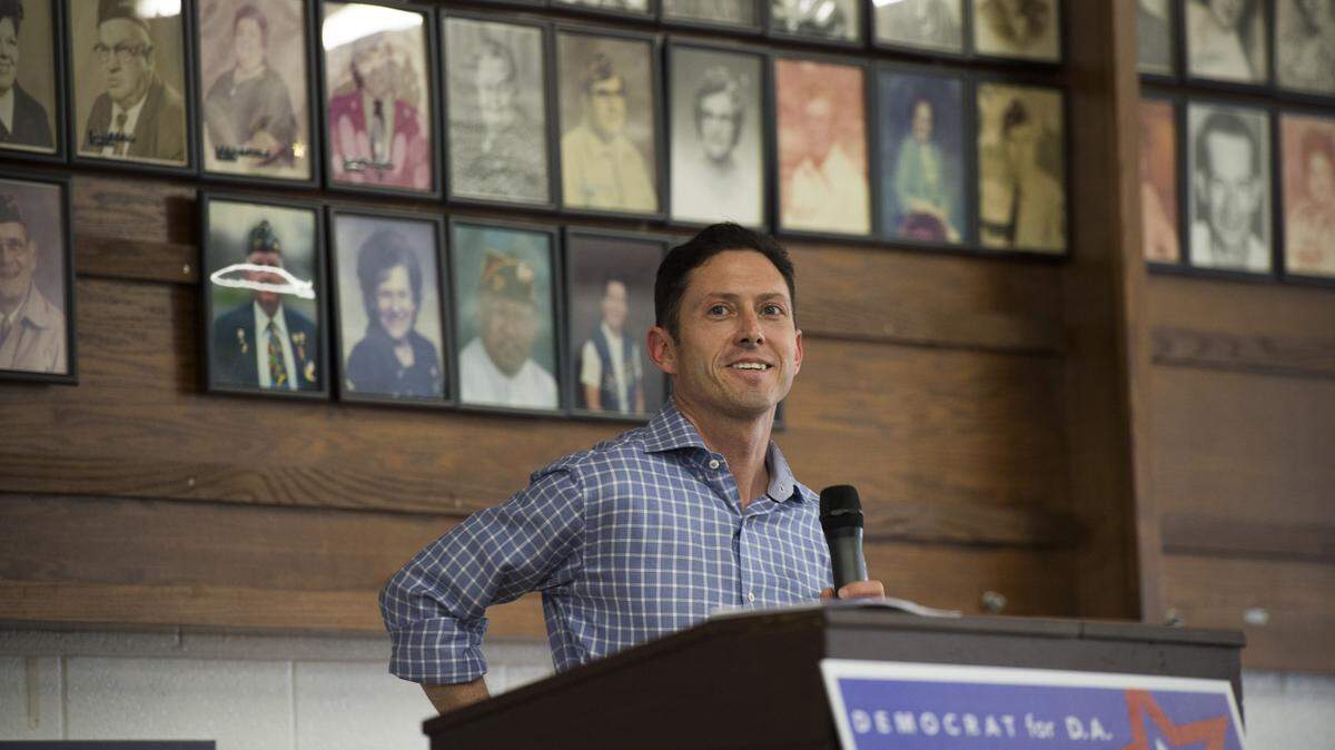 Noah Phillips, a deputy prosecutor with the Sacramento County District Attorney's Office, speaks to a crowd at the VFW Post 67 in Sacramento on April 29. Phillips, 45, is challenging incumbent DA Anne Marie Schubert in the June 5 primary.