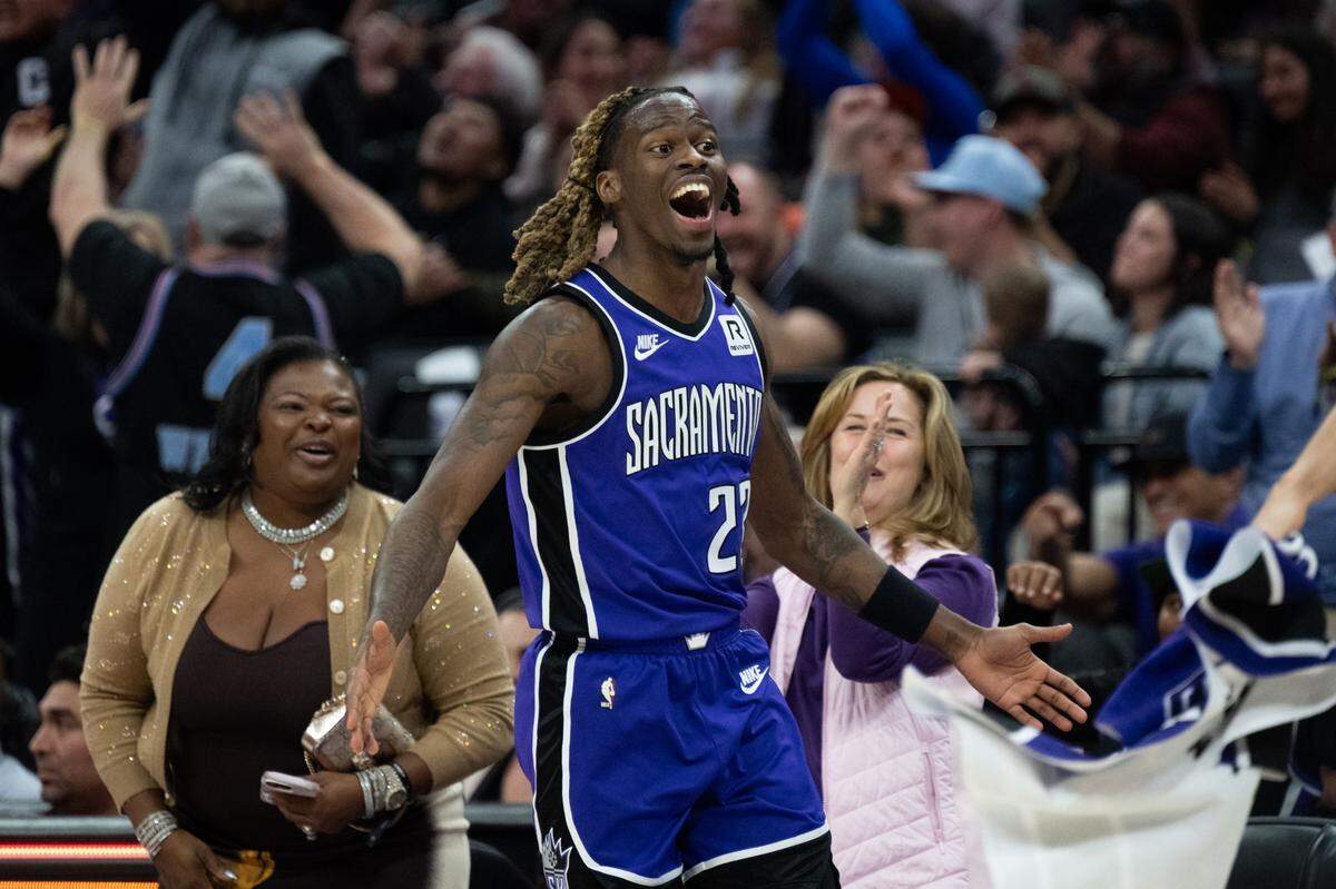 Sacramento Kings guard Keon Ellis (23) reacts after his 3-point basket against the Washington Wizards during an NBA game at Golden 1 Center on Sunday.