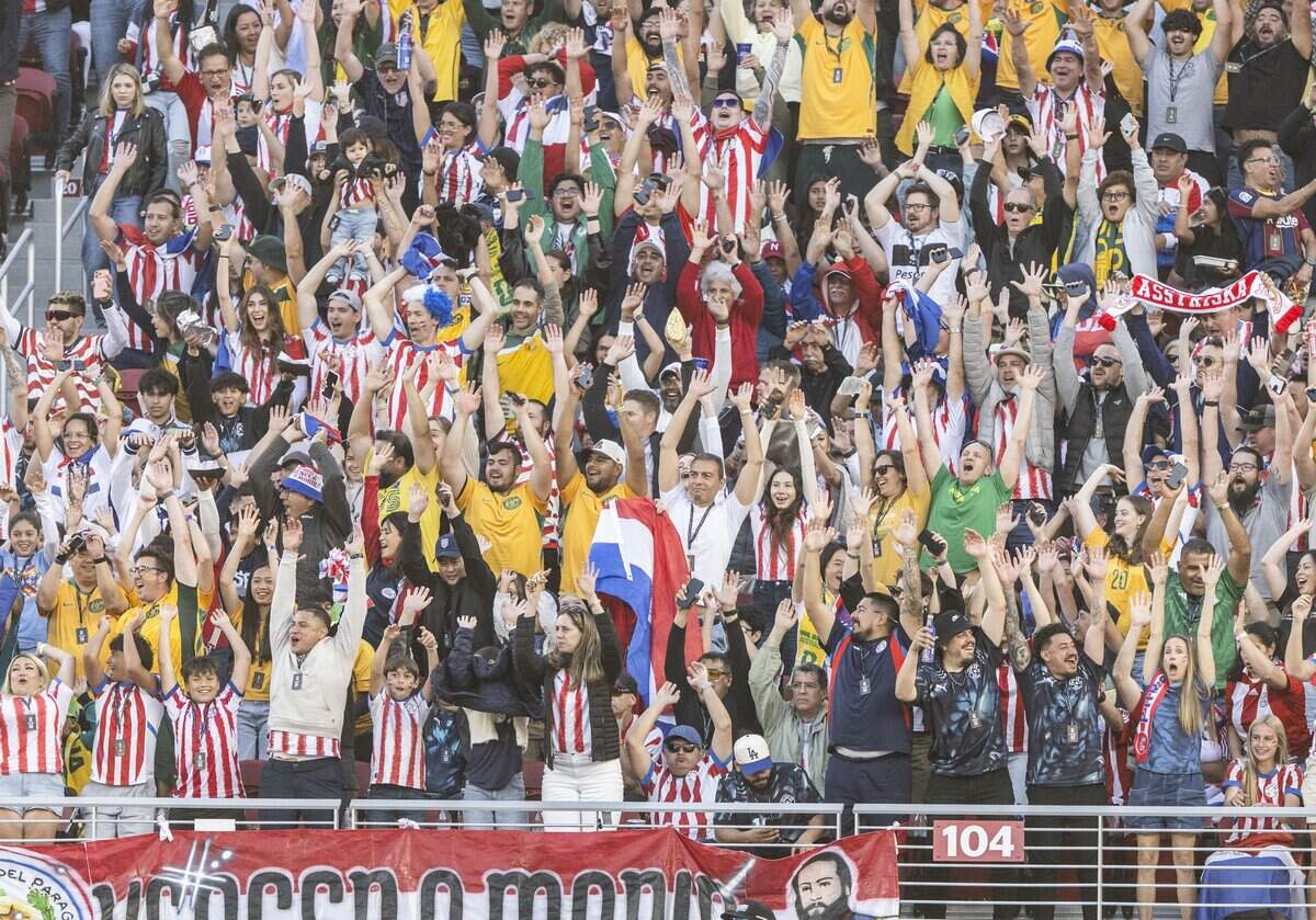 Fans do the wave during the match between Australia and Paraguay in the group stage of the 2026 World Cup at Levi’s Stadium on Thursday in Santa Clara. The final score was 0-0.