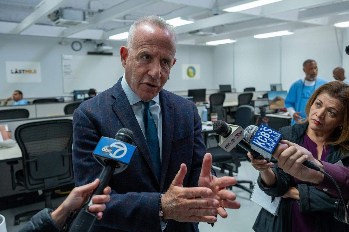 Sacramento Mayor Darrel Steinberg, who was selected to be the lead advisor for San Quentin’s transformation by Gov. Gavin Newsom, meets with media at San Quentin State Prison in San Rafael on Wednesday.