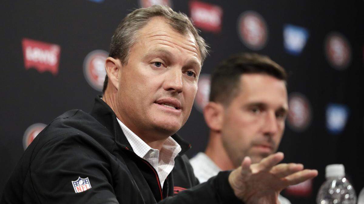 San Francisco 49ers general manager John Lynch, left, and head coach Kyle Shanahan in 2017. Lynch explained why the team released linebacker Reuben Foster following his arrest Saturday night for alleged domestic battery. “I want to be clear that this an organizational decision. This is, Kyle and I talked last night, we brought it to ownership. We’re all lock-step in the decision. It was not easy on anybody. With that, I’ll open it up to some questions.”