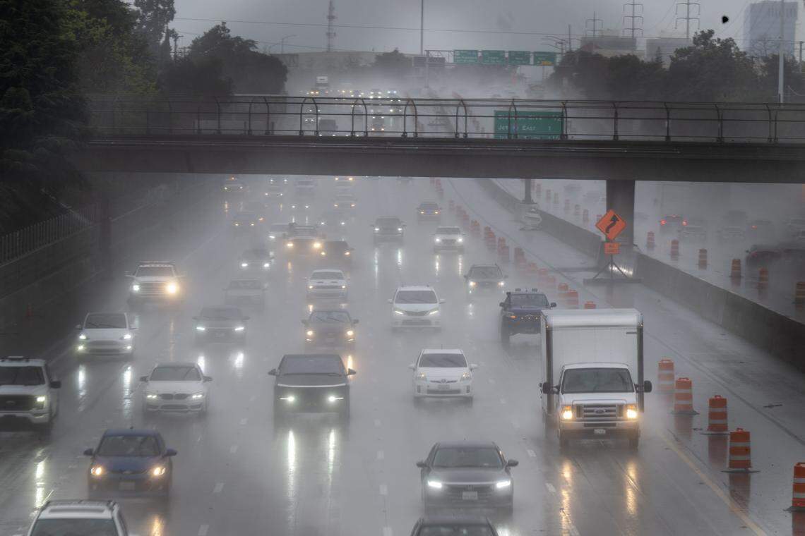 Traffic heads east on Highway 50 in Sacramento amid the rain on Monday, Feb. 16, 2026.