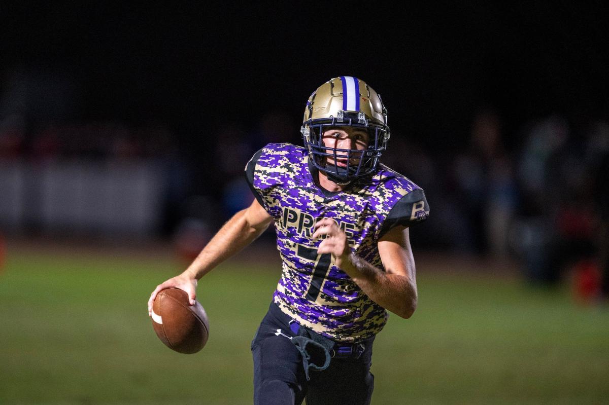 Bradshaw Christian Pride quarterback Ethan Rickert (7) runs toward the goal line for a two-point conversion in the second half against the Sutter Huskies on Friday.