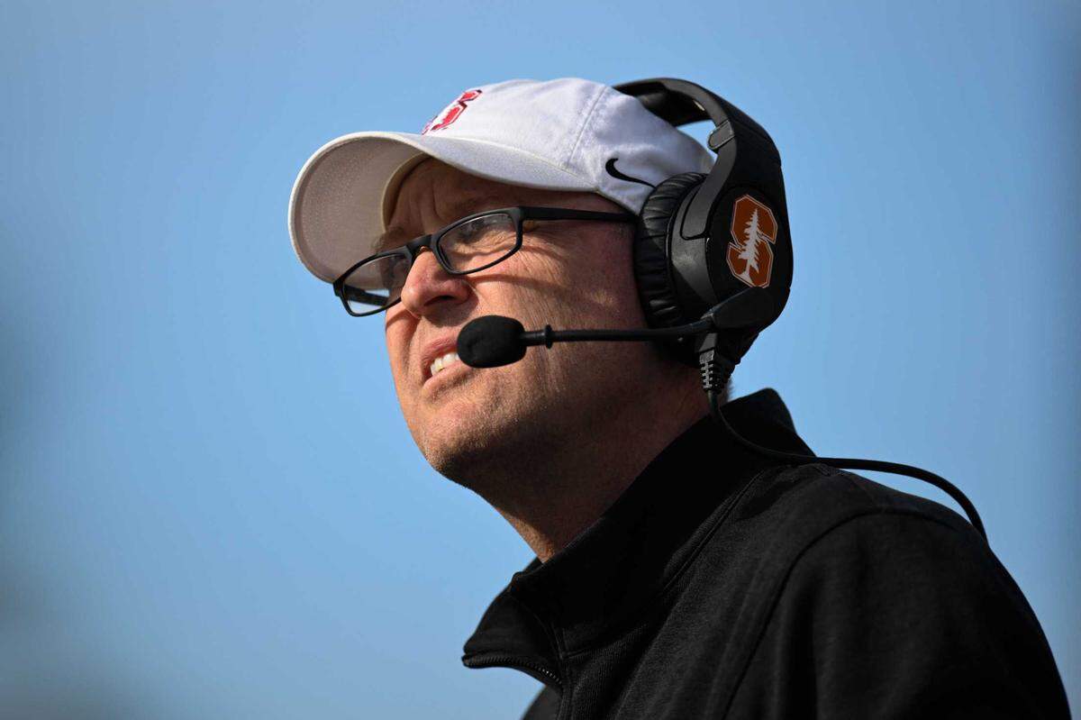 Cardinal head coach Troy Taylor looks on against San Jose State during a game in November 2024. Stanford fired Taylor, the former Sacramento State coach in March after two seasons at the school, and he is now suing ESPN for defamation in its coverage.