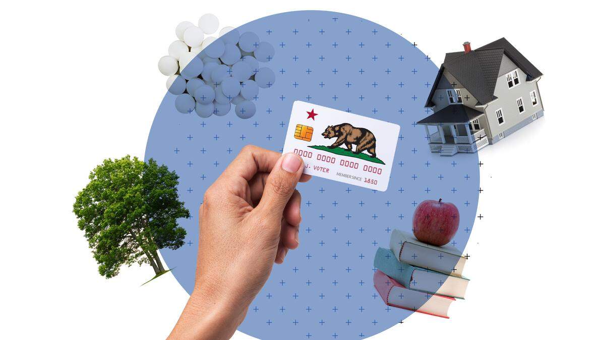 Illustration of California’s credit card surrounded by various spending priorities: housing, education, drug addiction and the environment