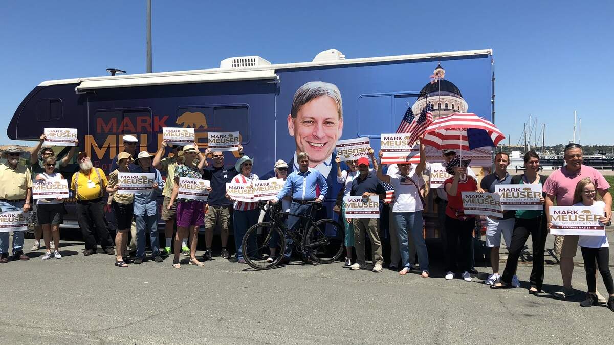 Republican Secretary of State candidate Mark Meuser kicks off bike tour in Martinez on July 9. He will ride for more than 5,000 miles and visit all 58 counties by Aug. 23. Photo courtesy of Meuser's campaign.