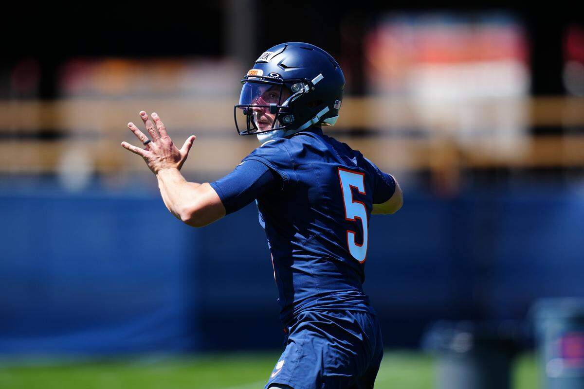 May 10, 2025; Englewood, CO, USA; Denver Broncos quarterback Ian Book (5) during rookie minicamp at Broncos Park Powered by CommonSpirit. Mandatory Credit: Ron Chenoy-Imagn Images