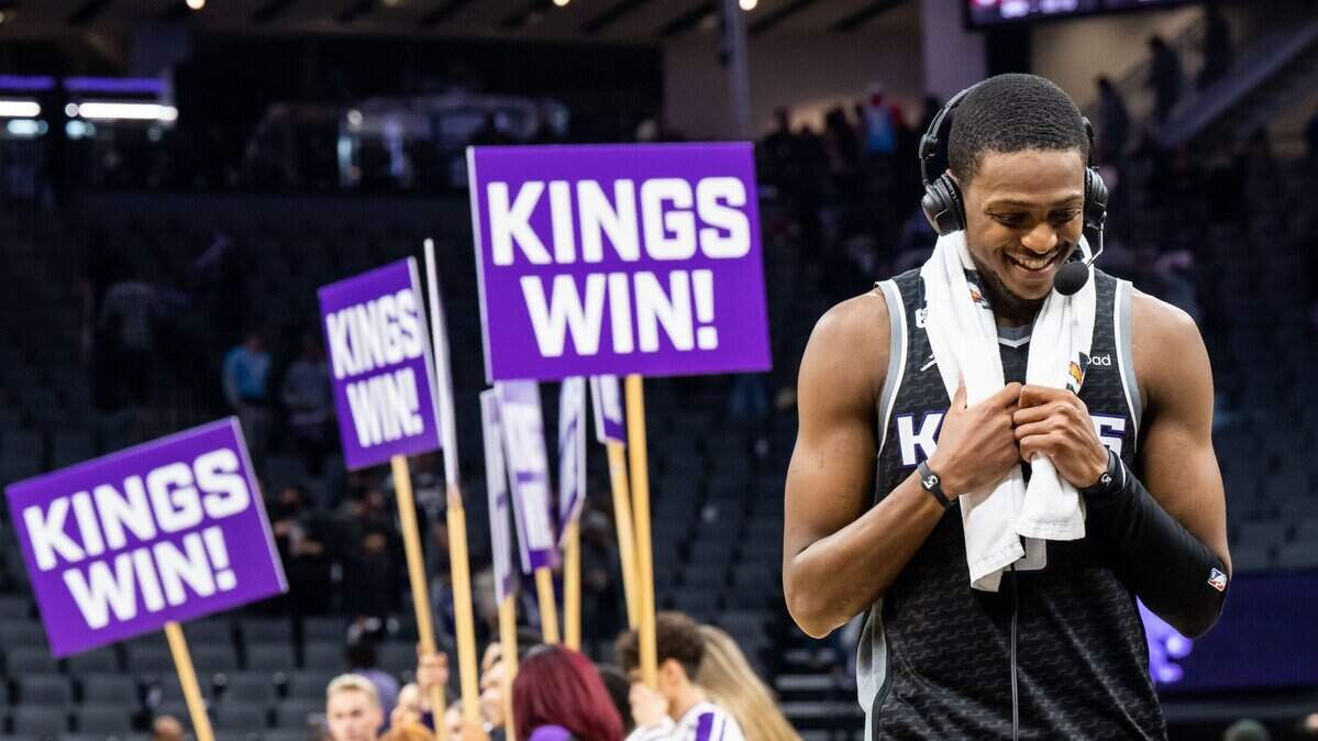 Sacramento Kings guard De’Aaron Fox (5) interviews after the team’s 130-112 win over the San Antonio Spurs at the NBA basketball game Thursday, Nov. 17, 2022, at Golden 1 Center in Sacramento.