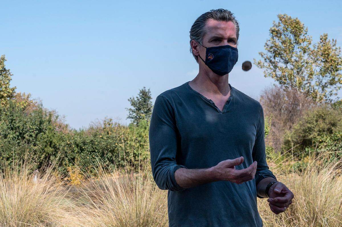 California State Gov. Gavin Newsom tosses a walnut as he tours Sierra Orchards walnut farm in Winters in Solano County on Oct. 7, 2020.