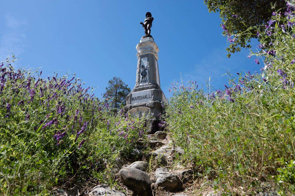 The monument of James Marshall is seen at Marshall Gold Discovery State Historic Park. Marshall famously discovered gold in the American River in Coloma in 1848, two years before Rufus Burgess arrived in 1850.
