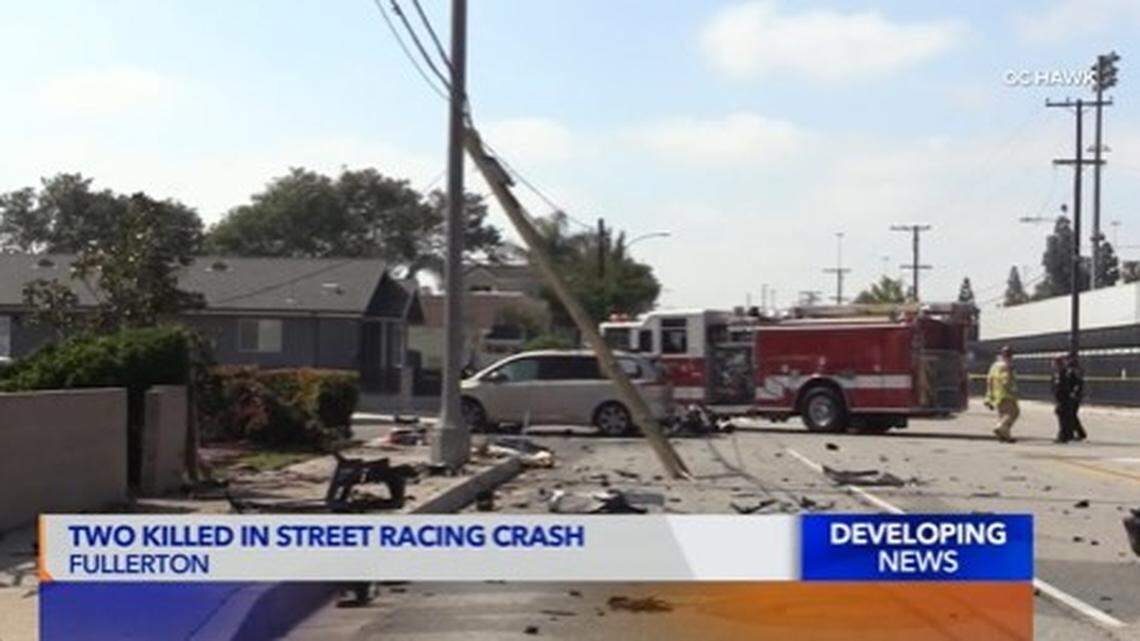 A motorcyclist and a 70-year-old woman on a walk died in a Fullerton crash, California police say. Onlookers blame street racing.