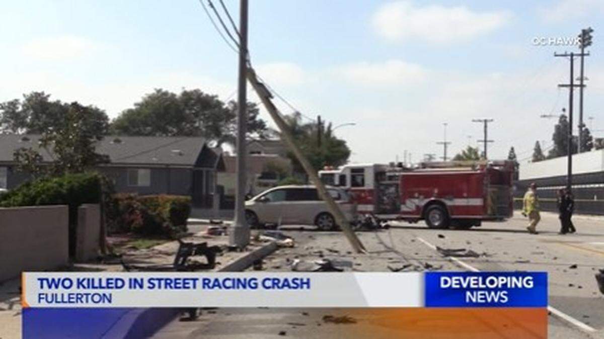A motorcyclist and a 70-year-old woman on a walk died in a Fullerton crash, California police say. Onlookers blame street racing.