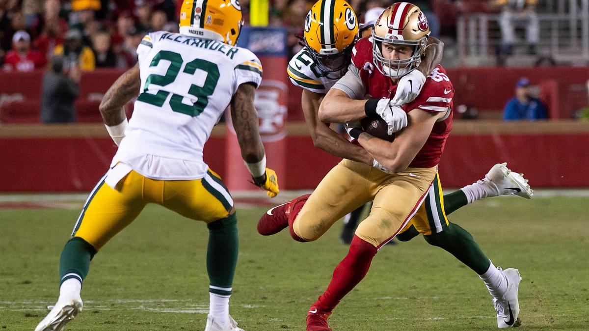 San Francisco 49ers’ George Kittle (85) is tackled by Green Bay Packers’ Kevin King (20) in the second quarter during a game at Levi’s Stadium on Sunday, November 24, 2019 in Santa Clara.